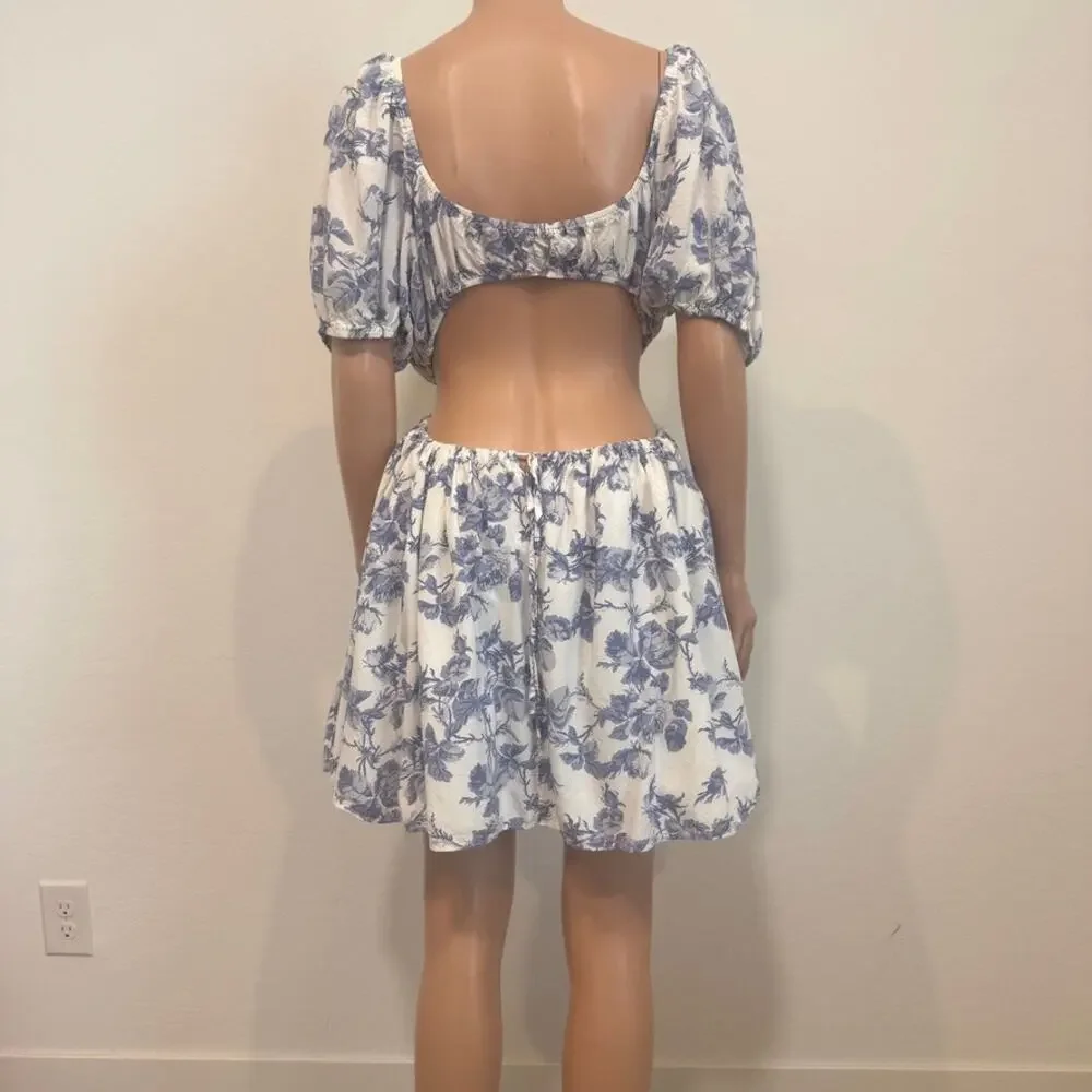 Bardot 8 L Eden floral v front open back puff sleeve mini dress D4 3320 - Picture 6 of 10